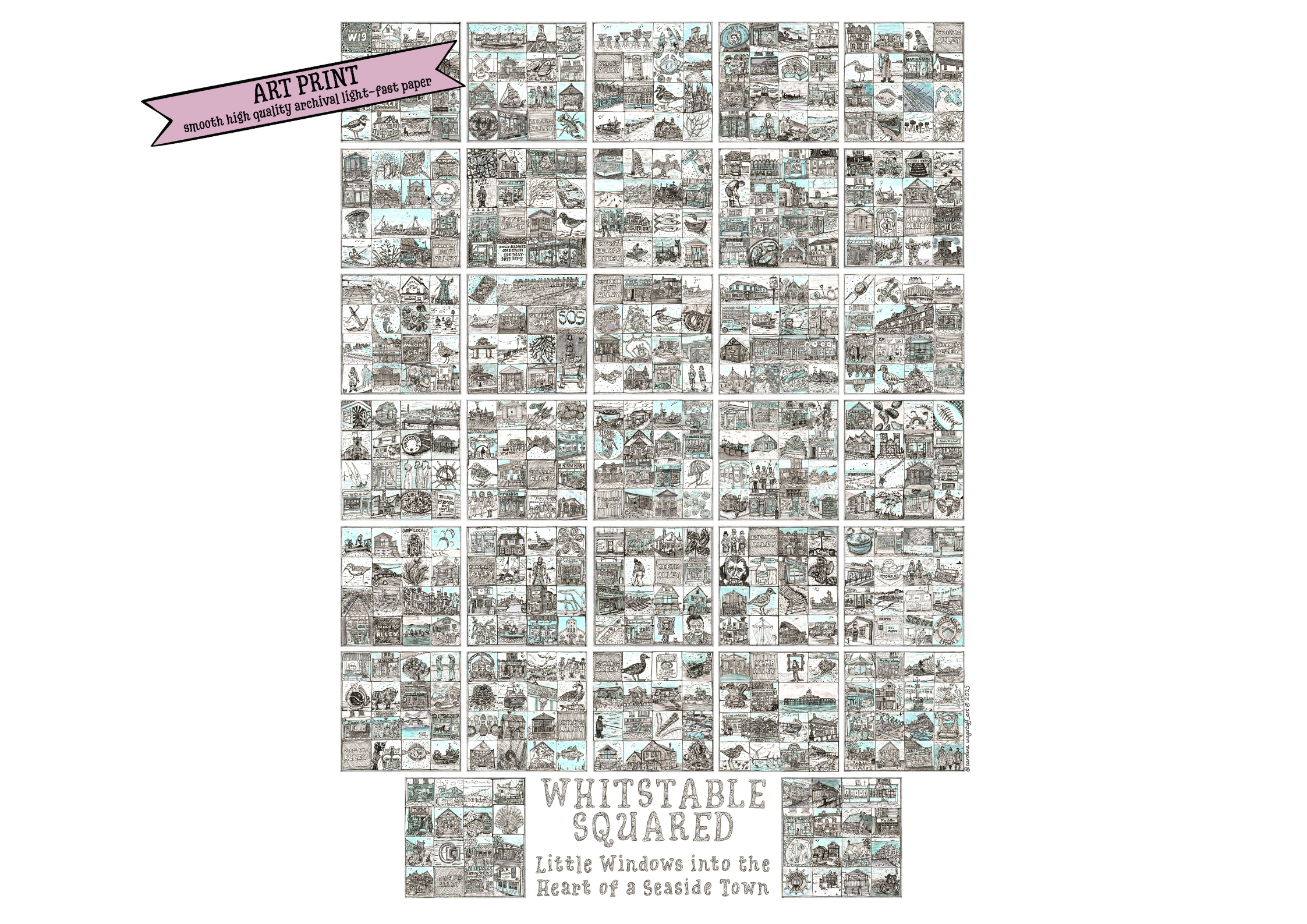 A2 portrait print entitled 'Whitstable Squared' with black and white illustrations in squares and a 'Art Print' flash on top left corner.
